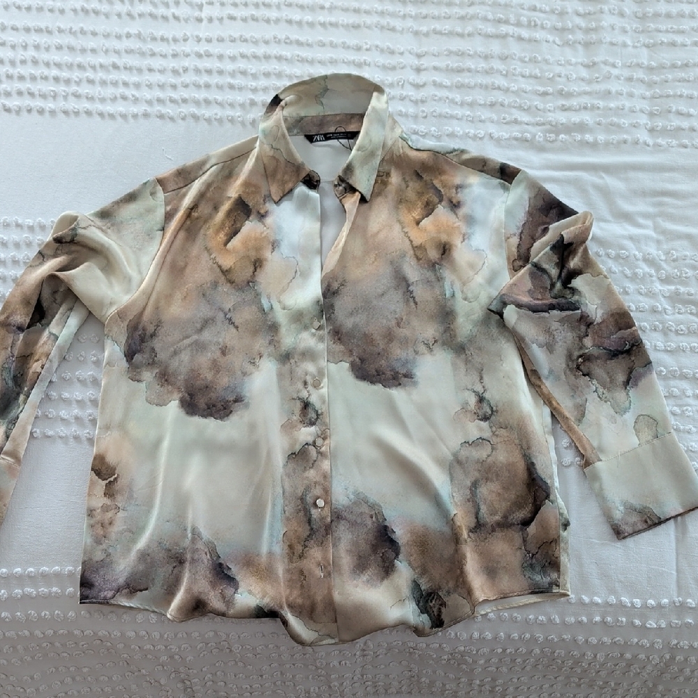 Zara Cream and Brown Watercolor Blouse